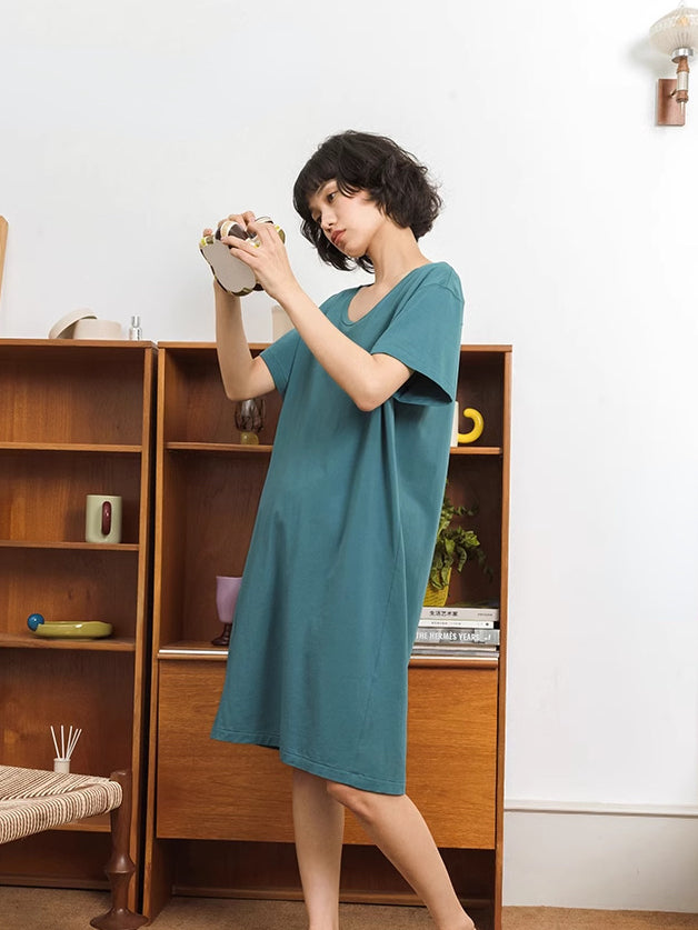 Plain-colored Cotton Round-neck Loose Sleepdress