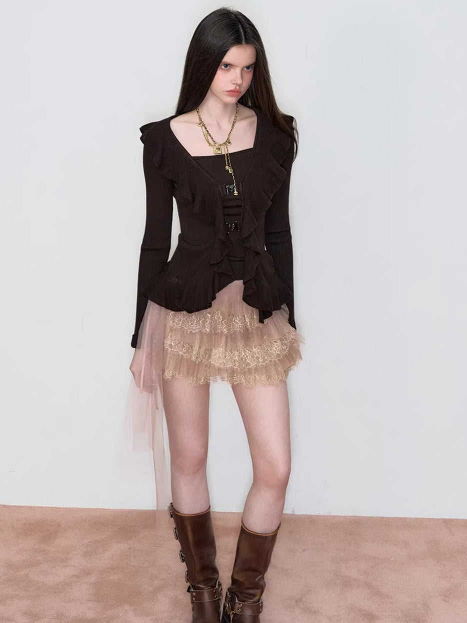 Faux Ruffle Detail Layered Knit Top