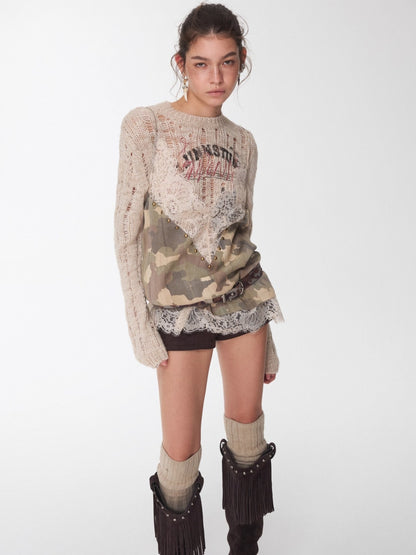 Camouflage V-Neck Lace-Trim Rhinestone Camisole
