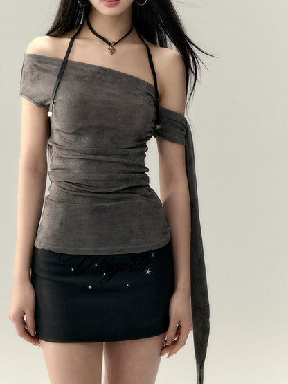 Mesh Asymmetric Shoulder Tie Sleeveless T-shirt