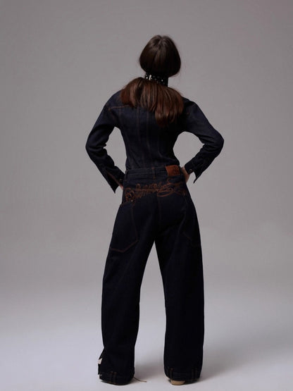 Embroidered Low-waist Loose Wide-leg Pants