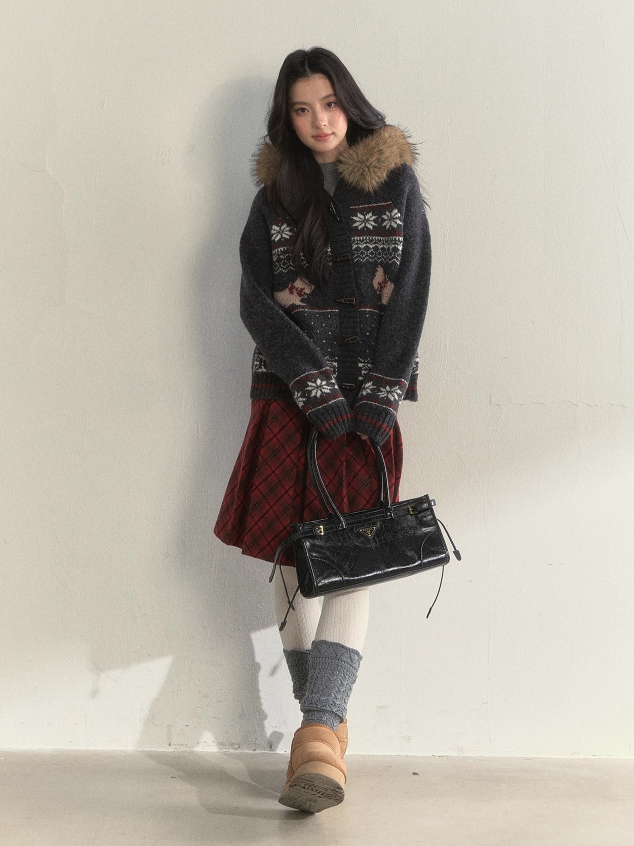 Charcoal Fair Isle Puppy Faux Fur Collar Knit Jacket