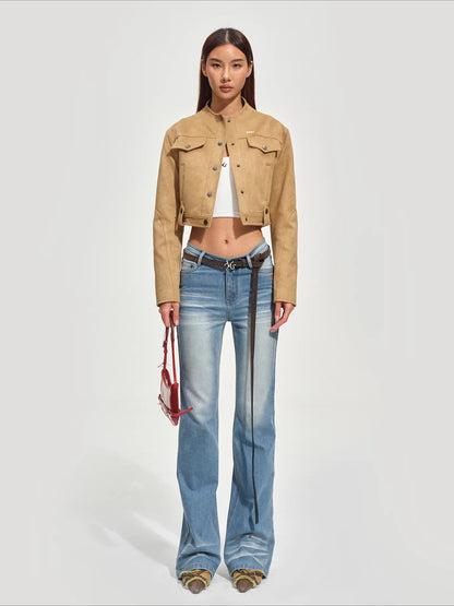 Soft Faux Suede Stand-Collar Cropped Jacket