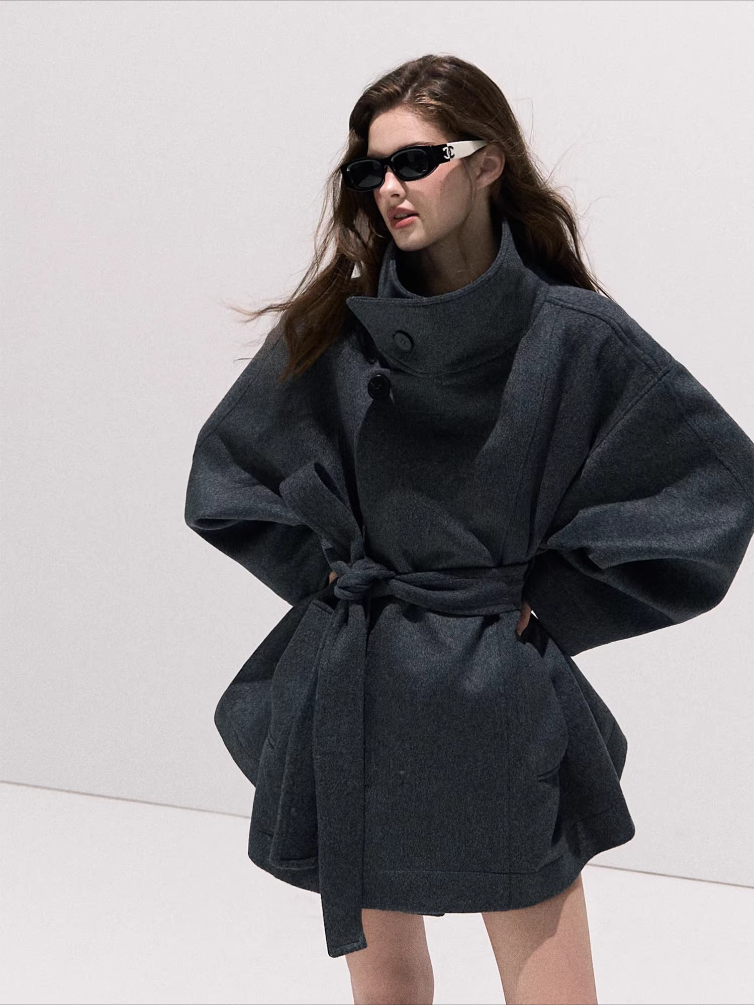 Stand-Collar Pure Wool Tailored Coat