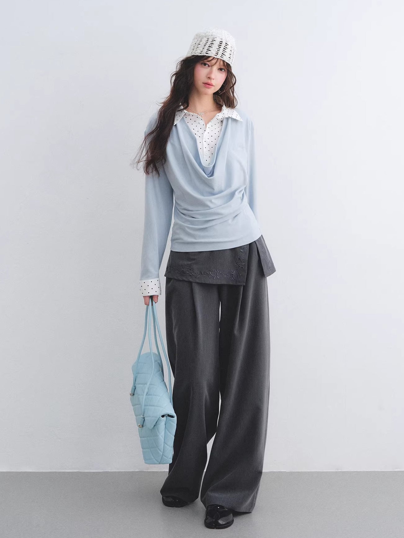 Embroidered Panel Wide-Leg Tailored Trousers