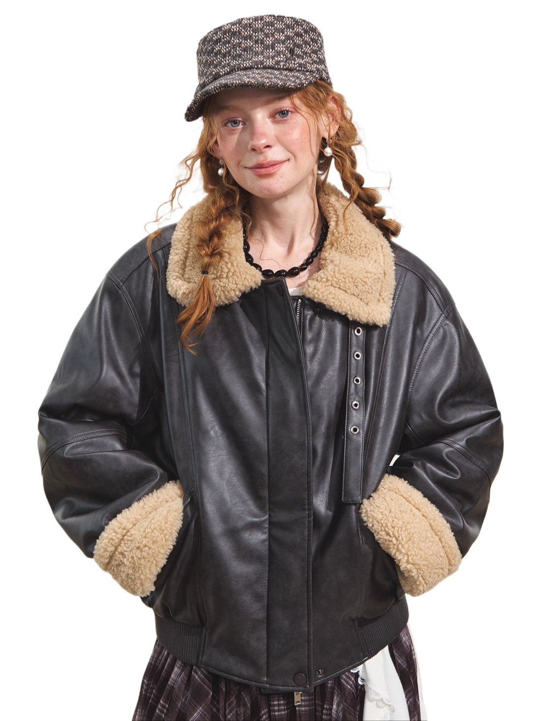 Lamb Wool Collar Faux Leather Biker Jacket