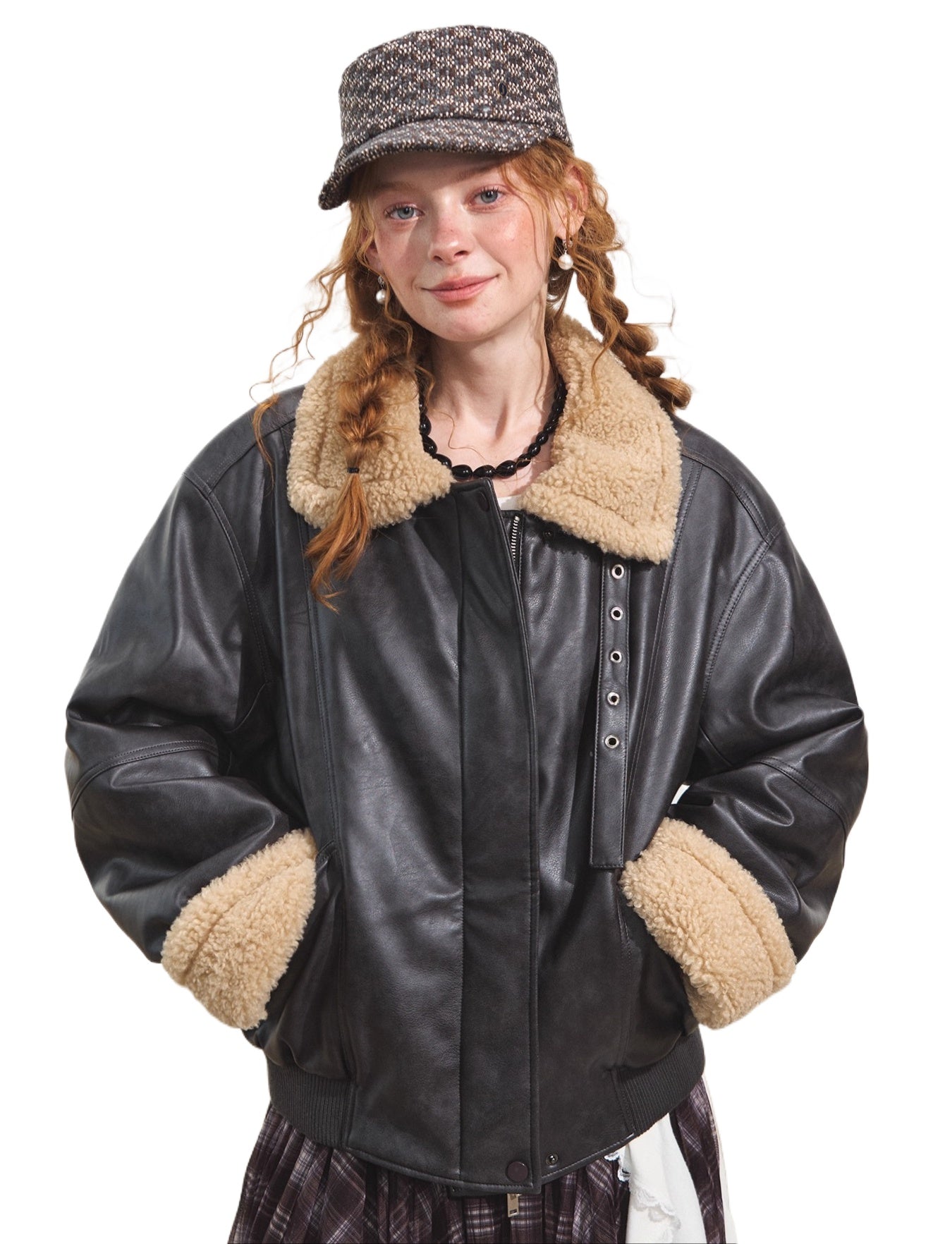 Lamb Wool Collar Faux Leather Biker Jacket