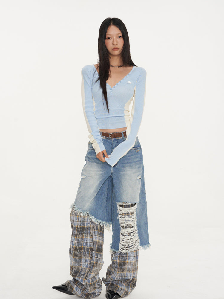 Dual-Layer Plaid Denim Pants