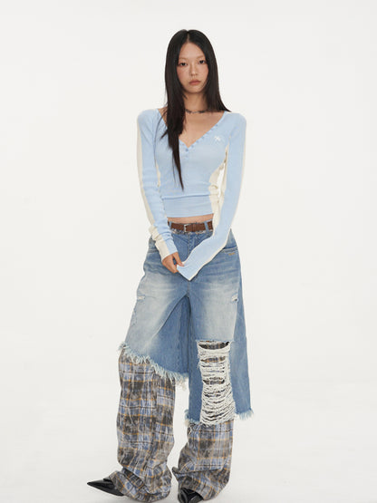 Dual-Layer Plaid Denim Pants