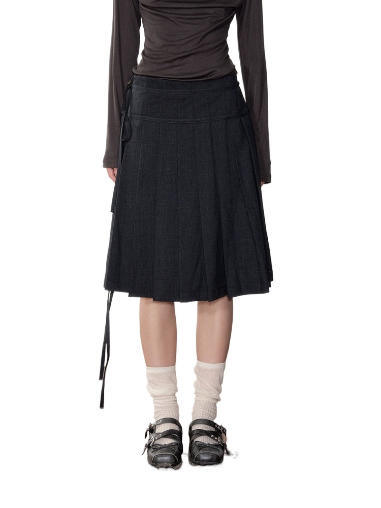Dark Grey Tie-Waist Pleated Midi Skirt - CHINASQUAD