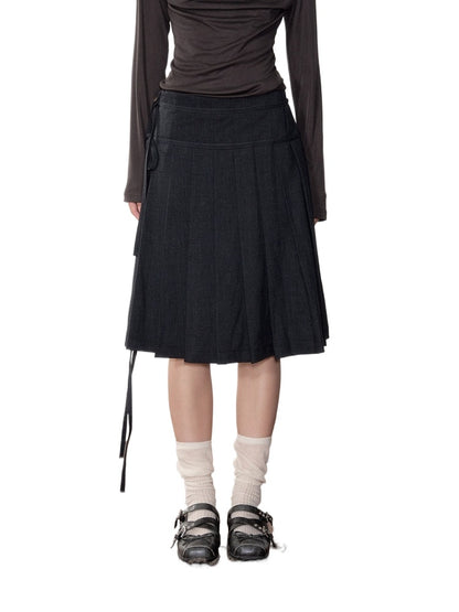 Dark Grey Tie-Waist Pleated Midi Skirt - CHINASQUAD