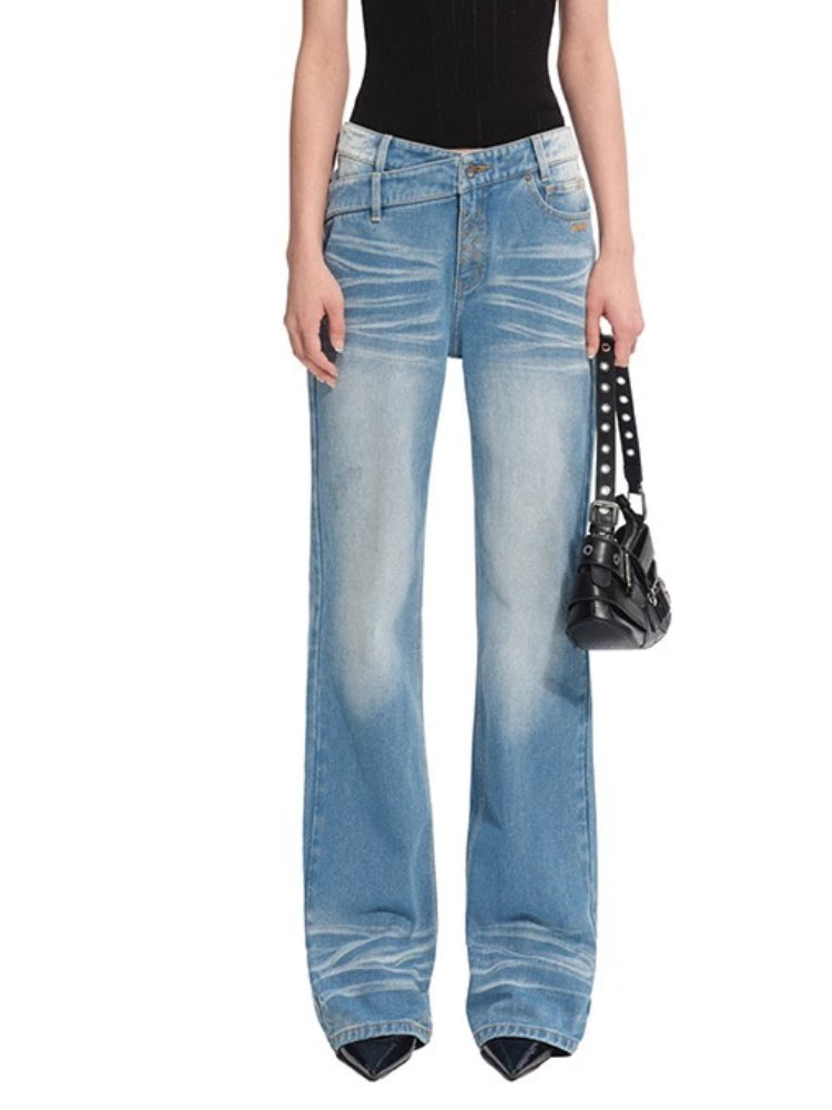 +5CM N2  Loose V-Waist Raw Denim Straight Jeans