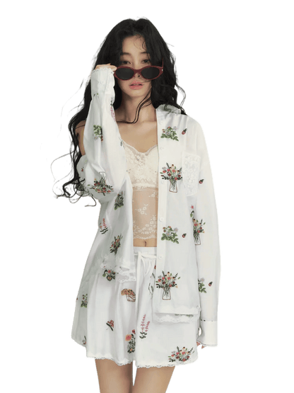 Floral Embroidered Lace Panel Shirt &amp; Mini Skirt Set