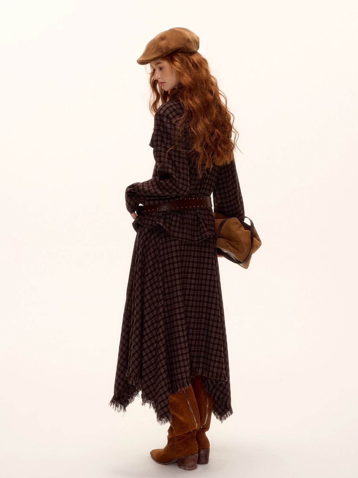 Frayed Hem Plaid Studded Belt Asymmetric A-Line Midi Skirt