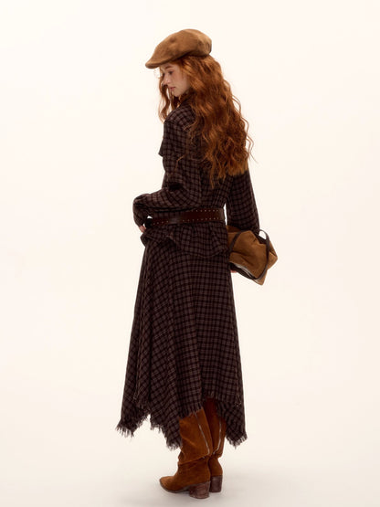 Frayed Hem Plaid Studded Belt Asymmetric A-Line Midi Skirt