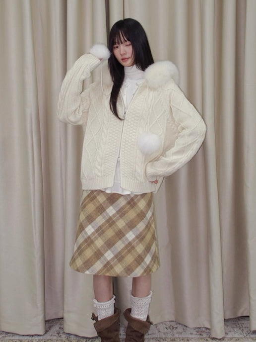 Yellow Plaid Wool-Blend Midi Skirt