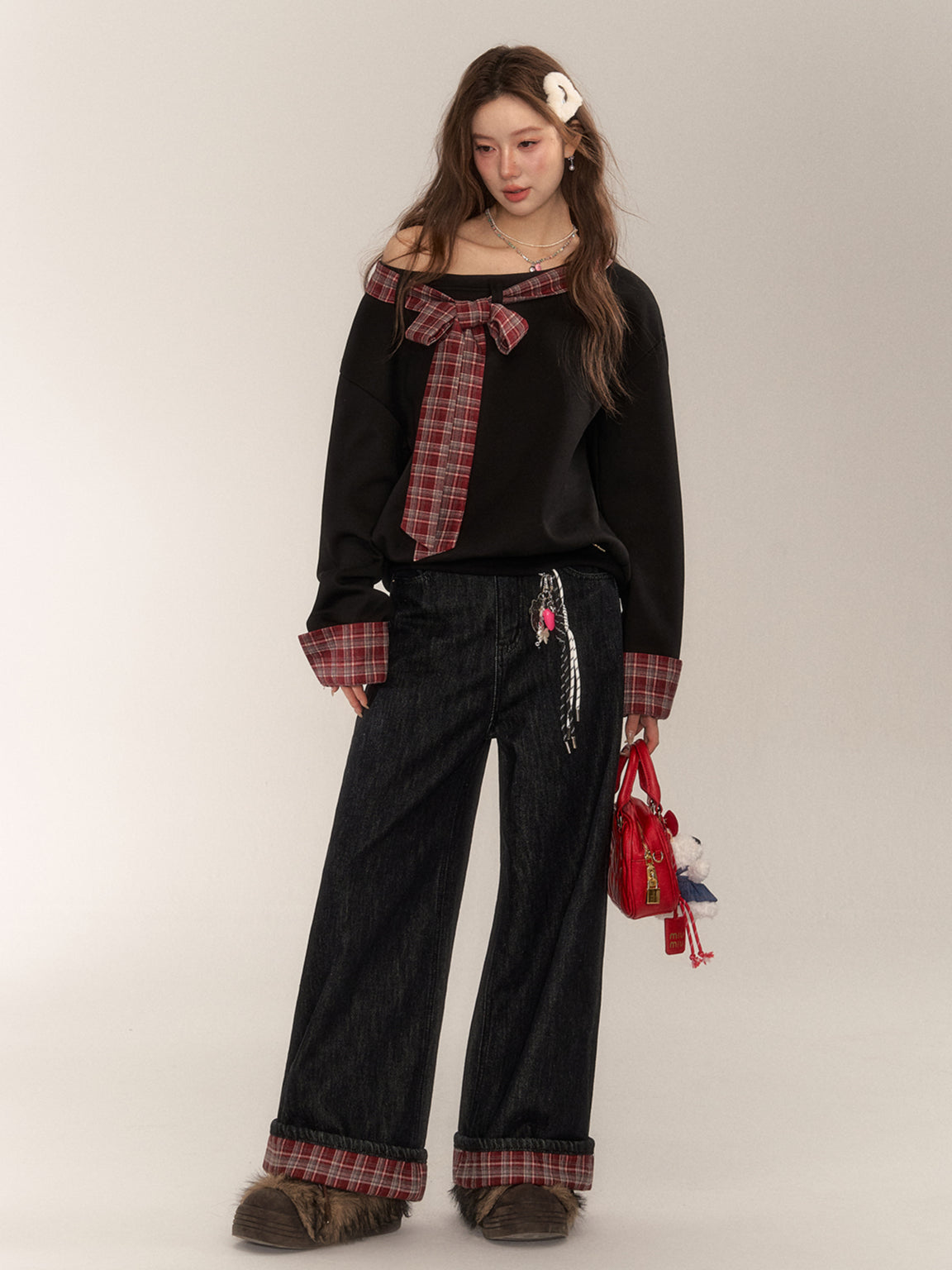 Vintage Plaid-Cuffed Wide-Leg Jeans