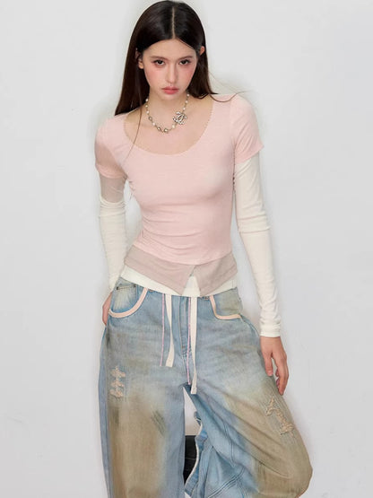 Faux Layered Long-Sleeve T-Shirt