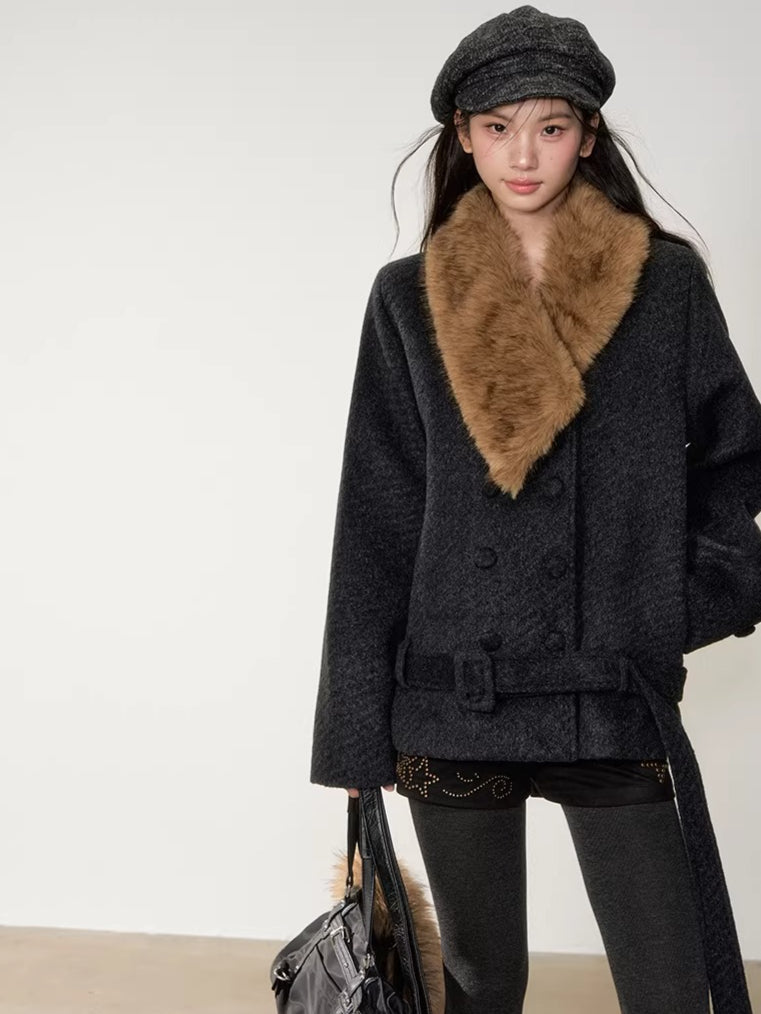 Fur-Collar Double-Breasted Wool Jacket