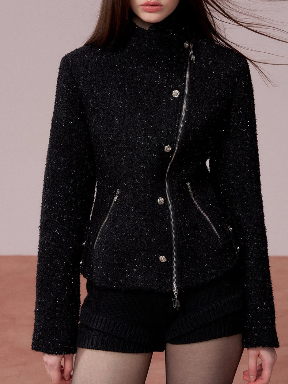 Rose-Button High-Neck Fitted Jacket