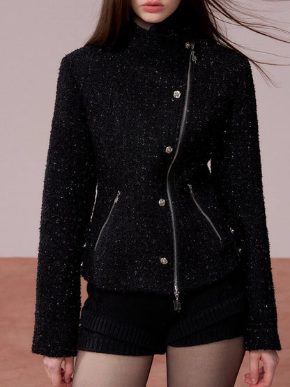 Rose-Button High-Neck Fitted Jacket