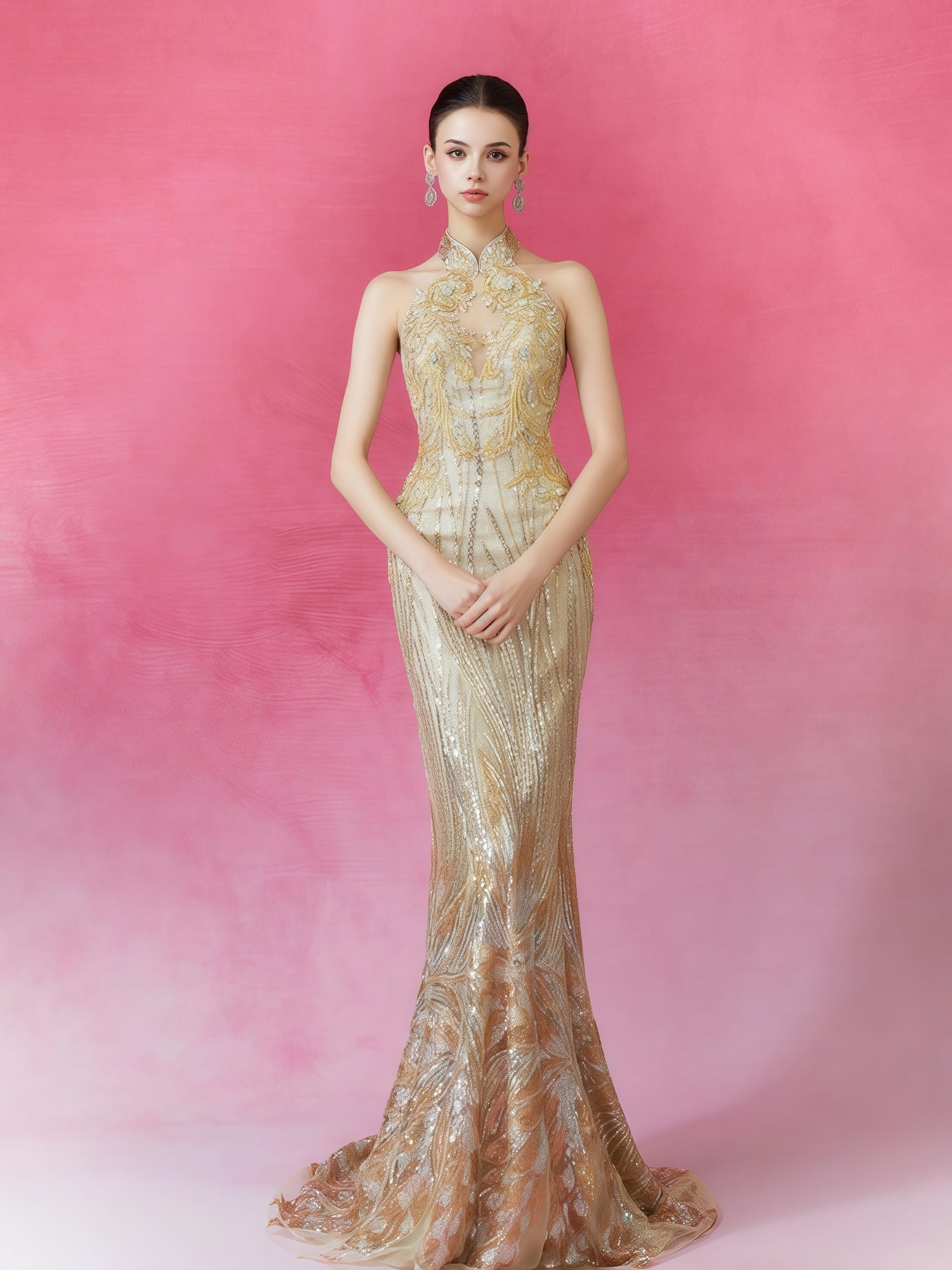 Imperial Gold Embroidered Cape Gown with Sculptural Sleeves