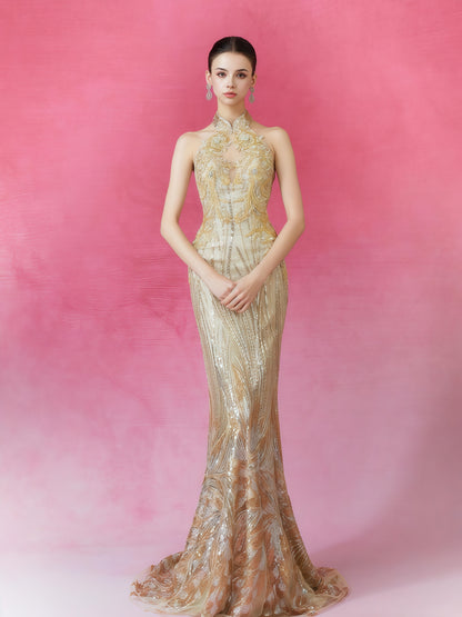 Imperial Gold Embroidered Cape Gown with Sculptural Sleeves