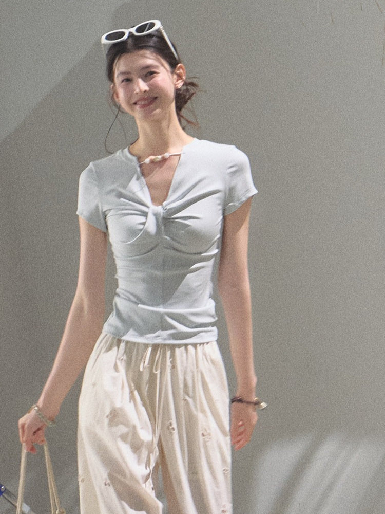 Gentle Melt Lyocell Beaded V-Neck T-Shirt
