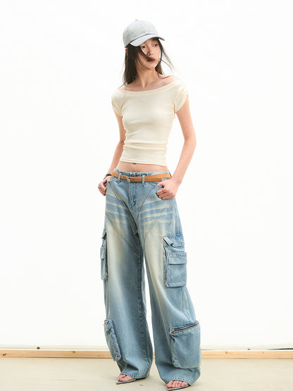 Low-Waist Relaxed Fit Washed Denim Jeans