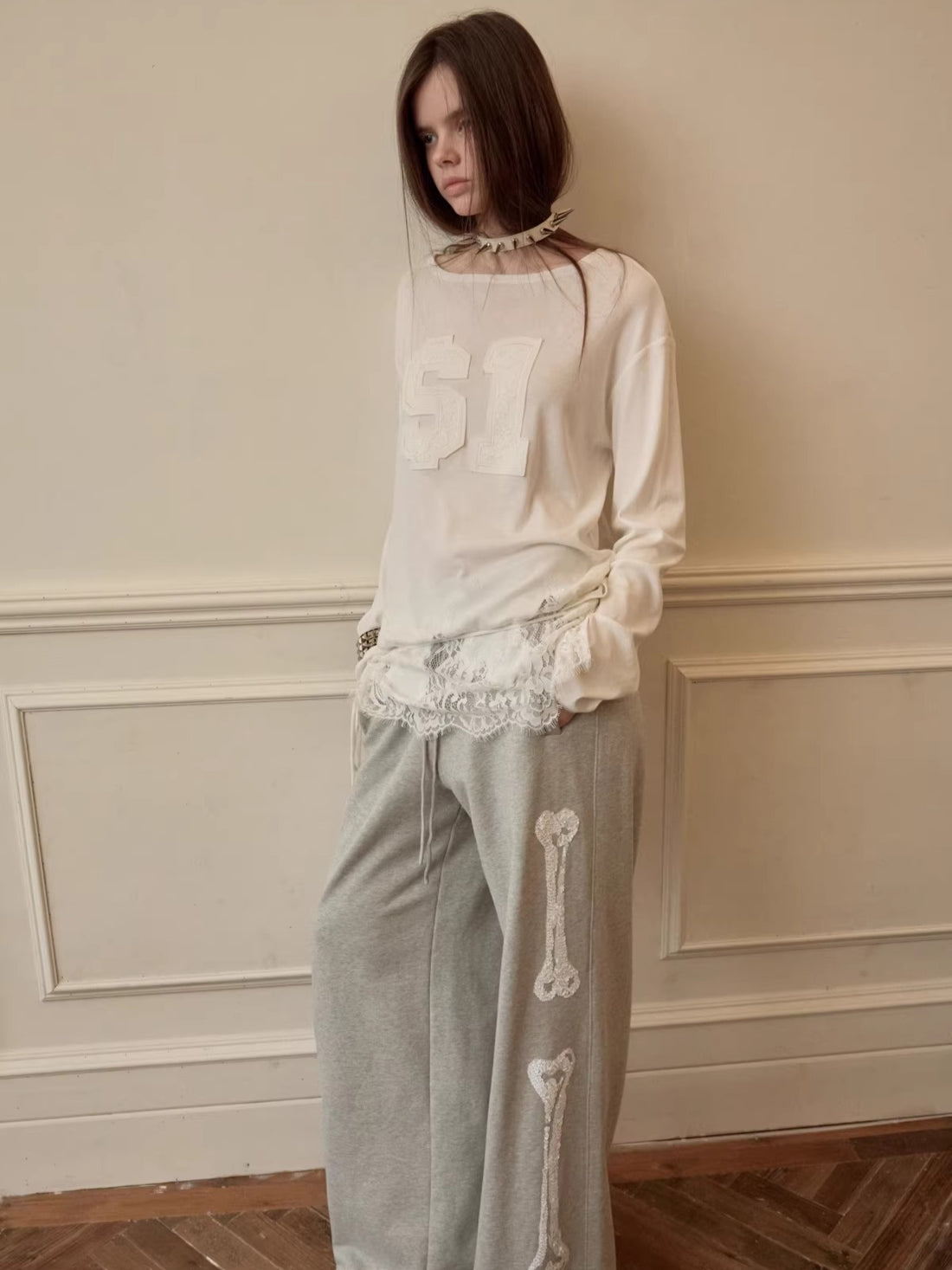 Lace-Hem Drawstring Long-Sleeve T-Shirt