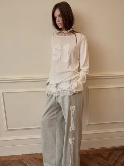 Lace-Hem Drawstring Long-Sleeve T-Shirt