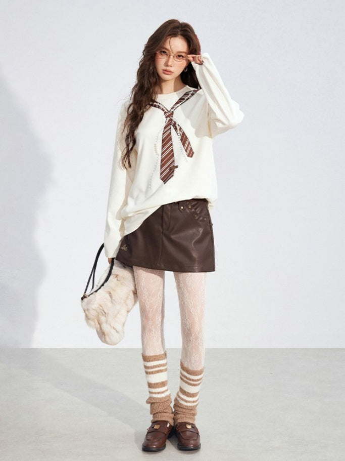 Pearl-Tie Printed Relaxed Long Sleeve T-Shirts