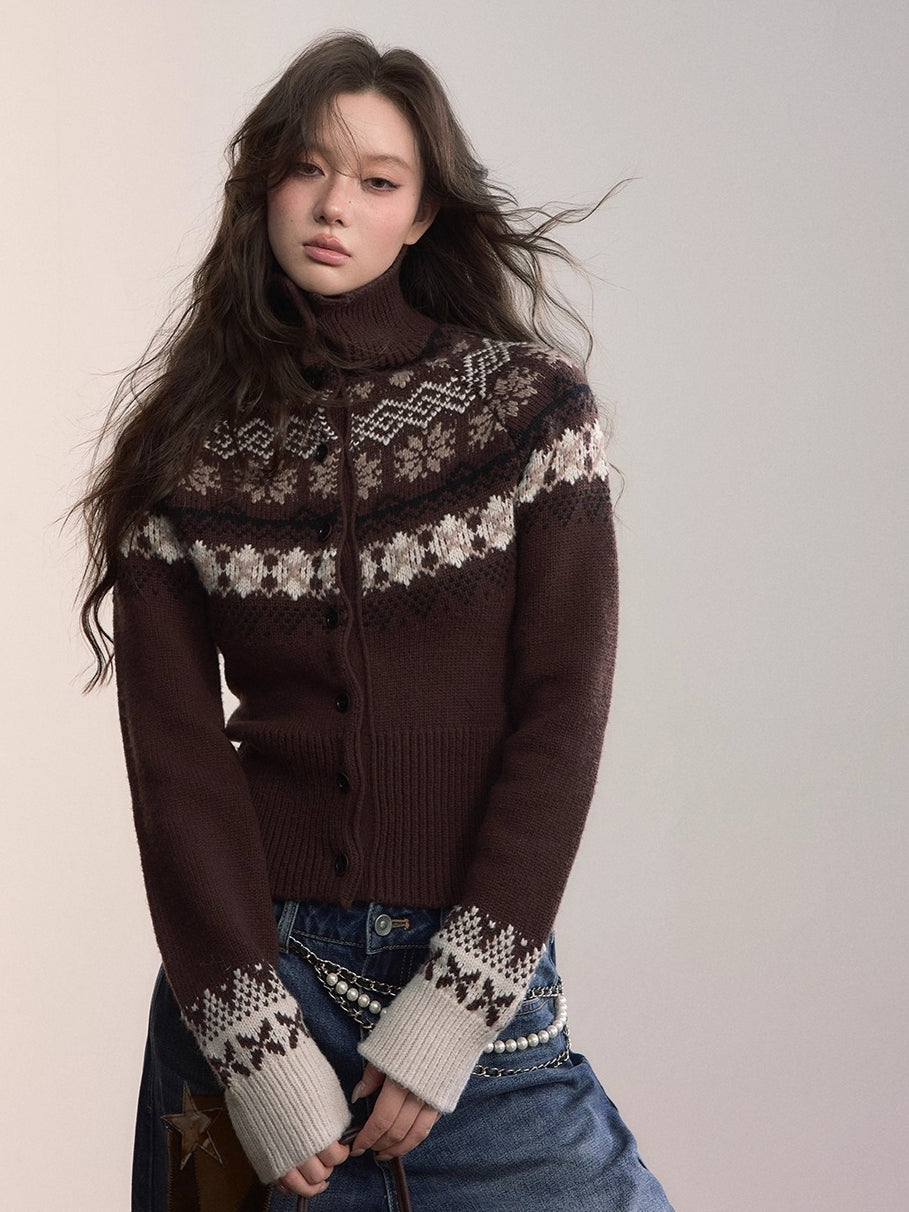 Fair Isle Wool-Blend Turtleneck Knit Cardigan
