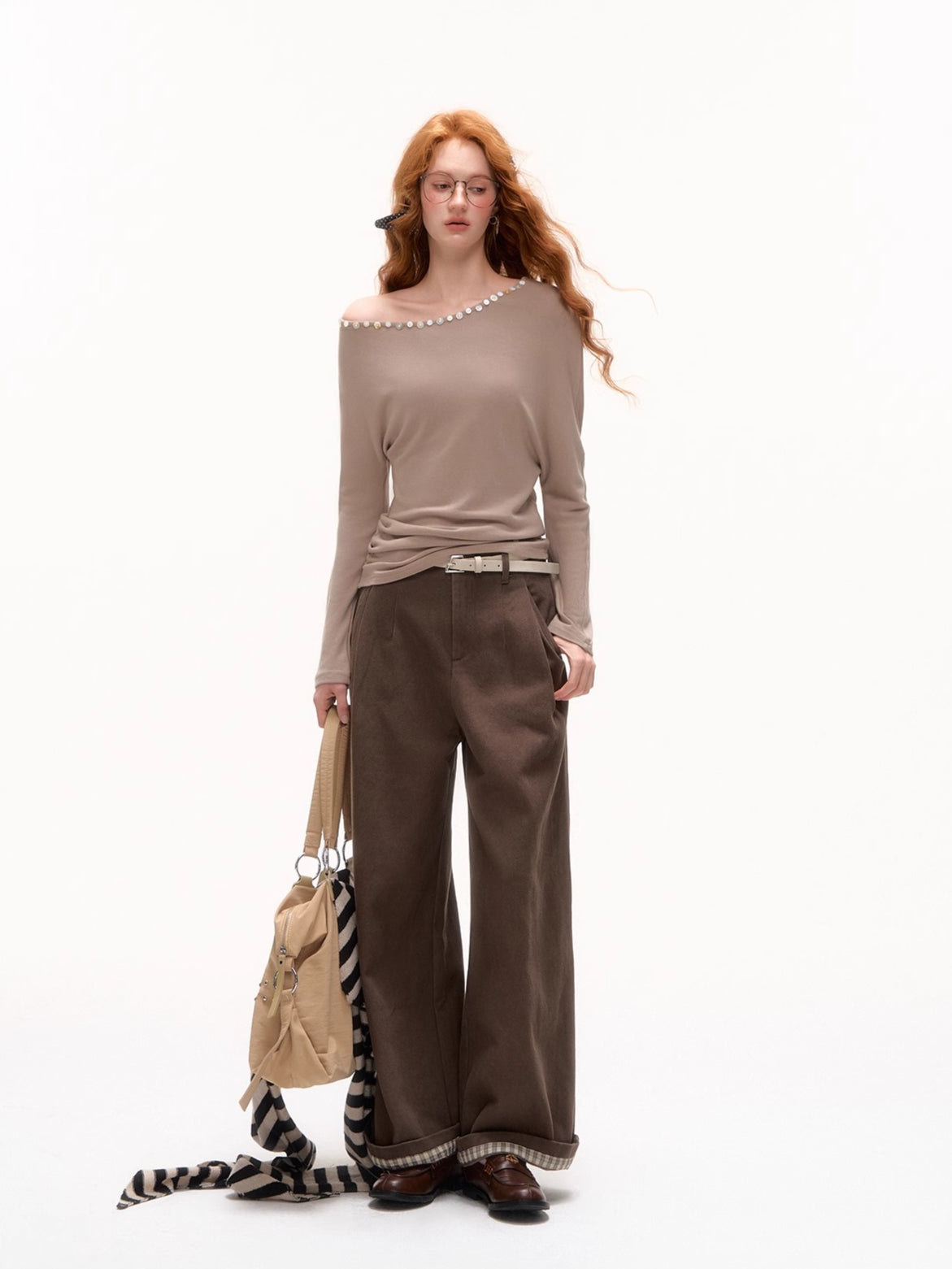 Plaid Cuff Belted Wide-Leg Trousers