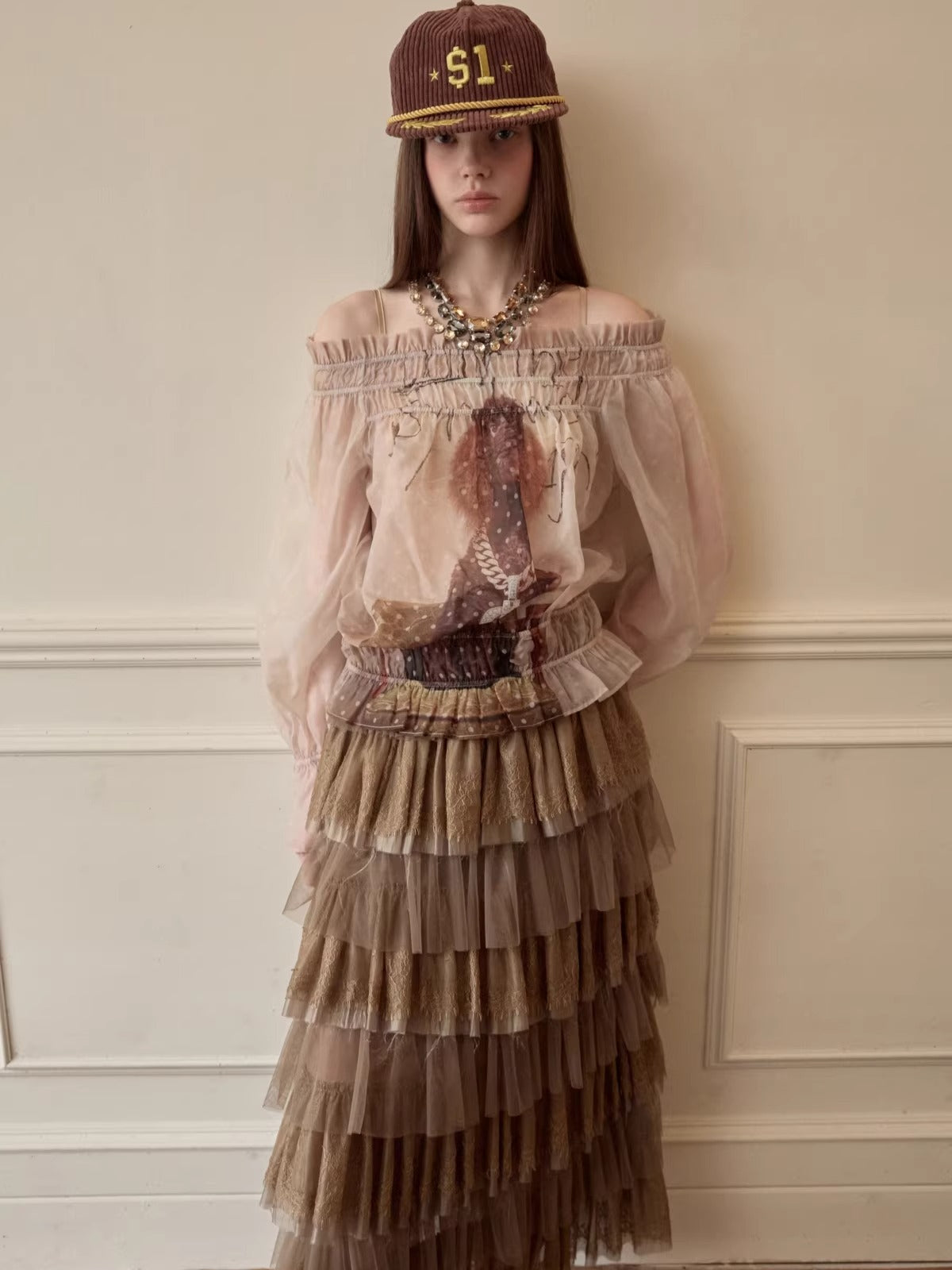 Sheer Chiffon Graphic Long-Sleeve Top