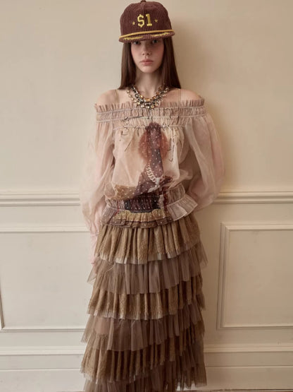 Sheer Chiffon Graphic Long-Sleeve Top