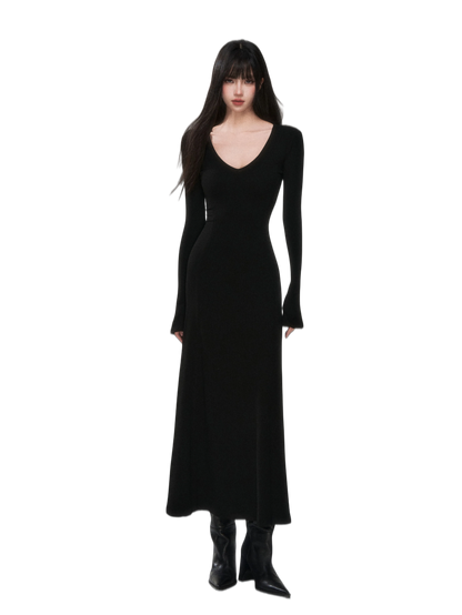 V-Neck Waist-Defining Knit Maxi Dress