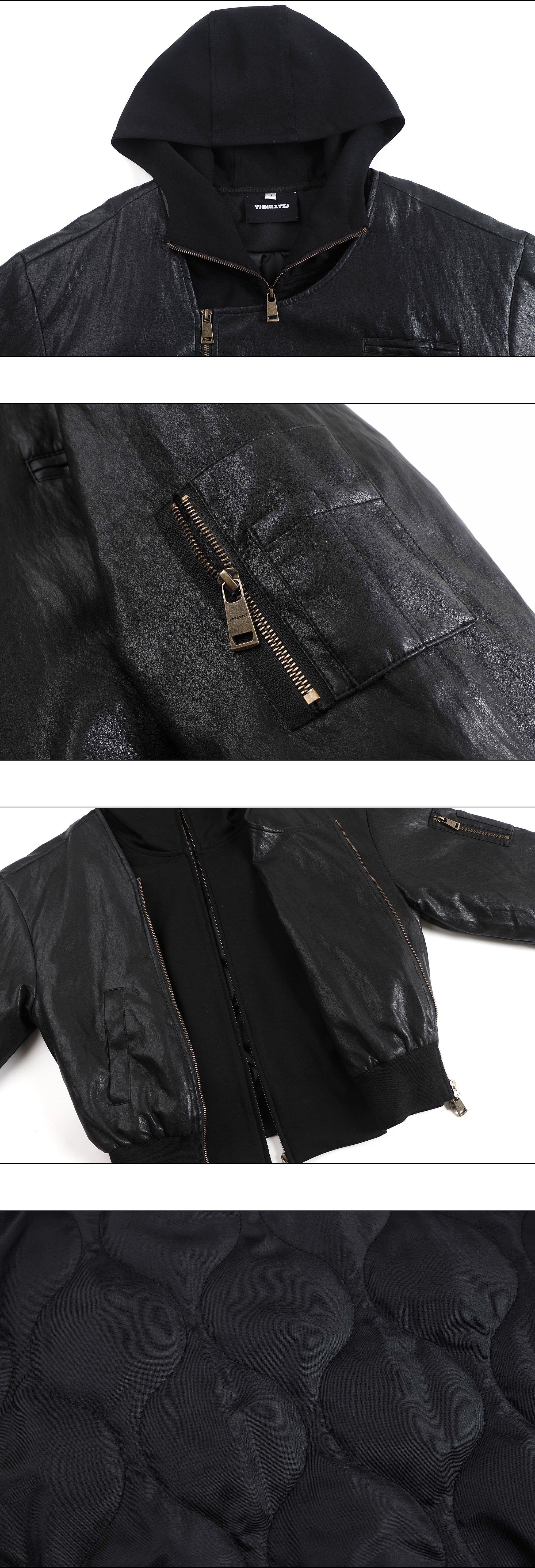 Oversized Leather Bomber Jacket in Black