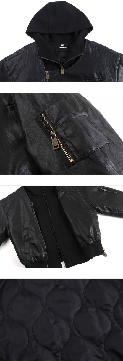 Oversized Leather Bomber Jacket in Black