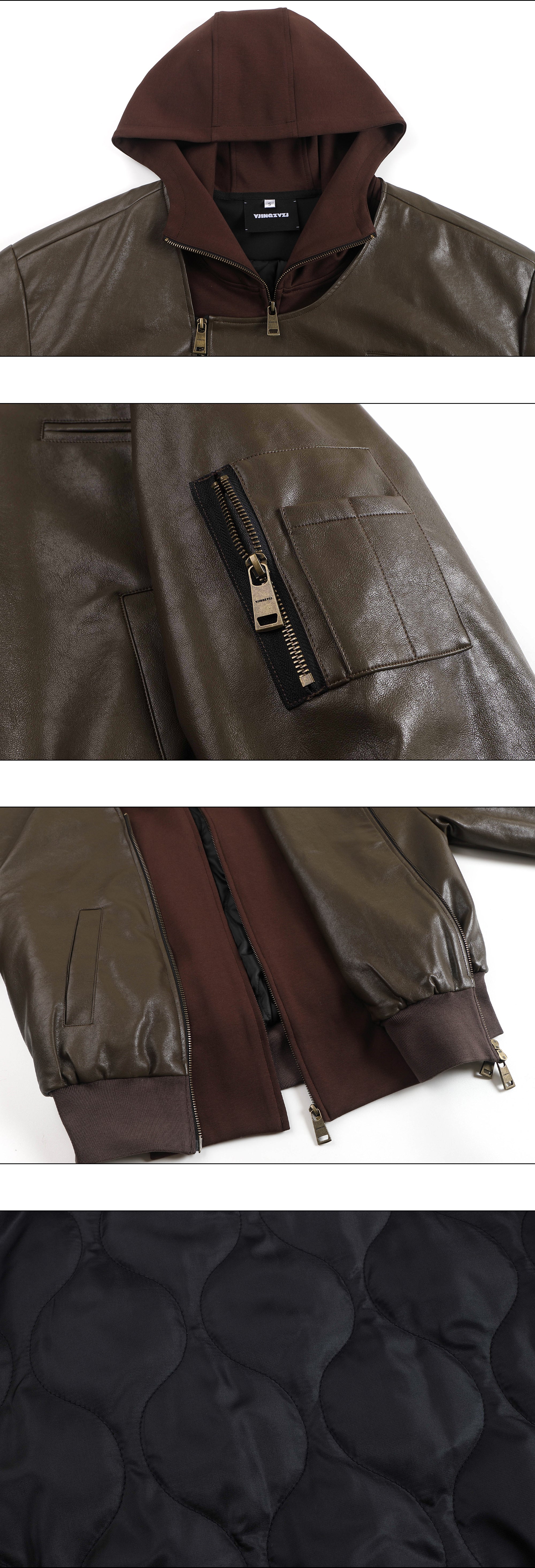 Oversized Leather Bomber Jacket in Brown