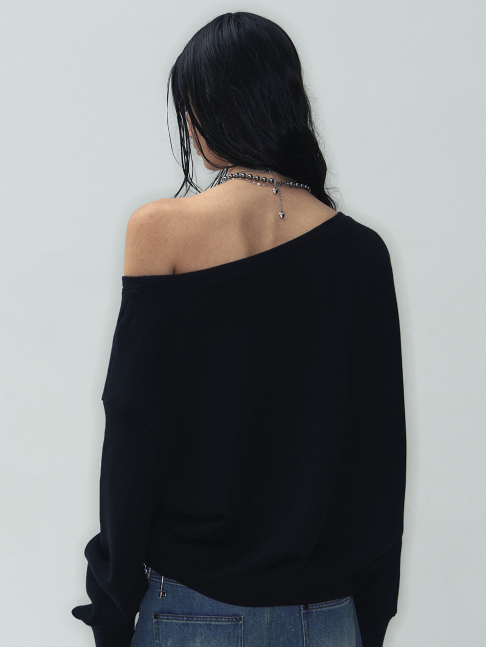 Black Off-Shoulder Print Knit Sweater