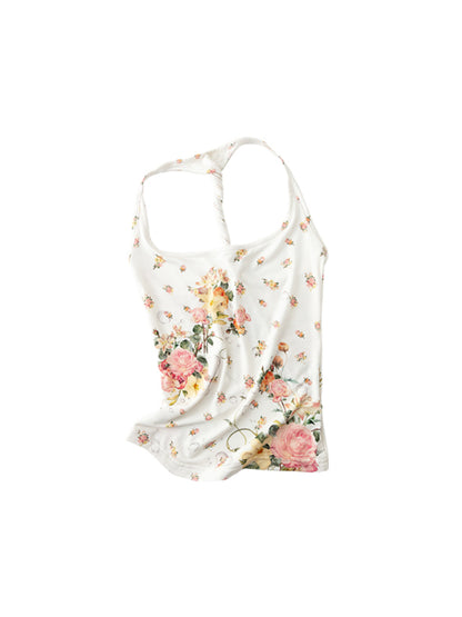 Floral All-Over Printed Big Round Neck Knotted Tank Top - CHINASQUAD