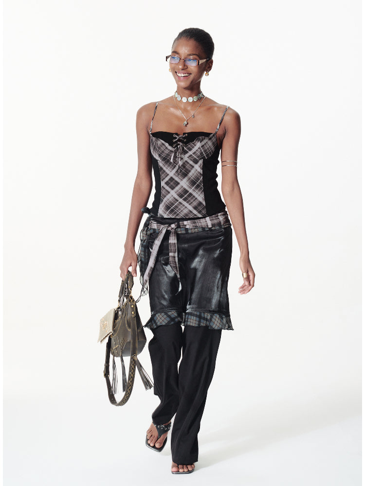Strappy Contrast Polka Dot Plaid Cami