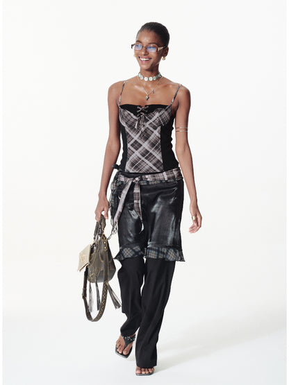 Strappy Contrast Polka Dot Plaid Cami