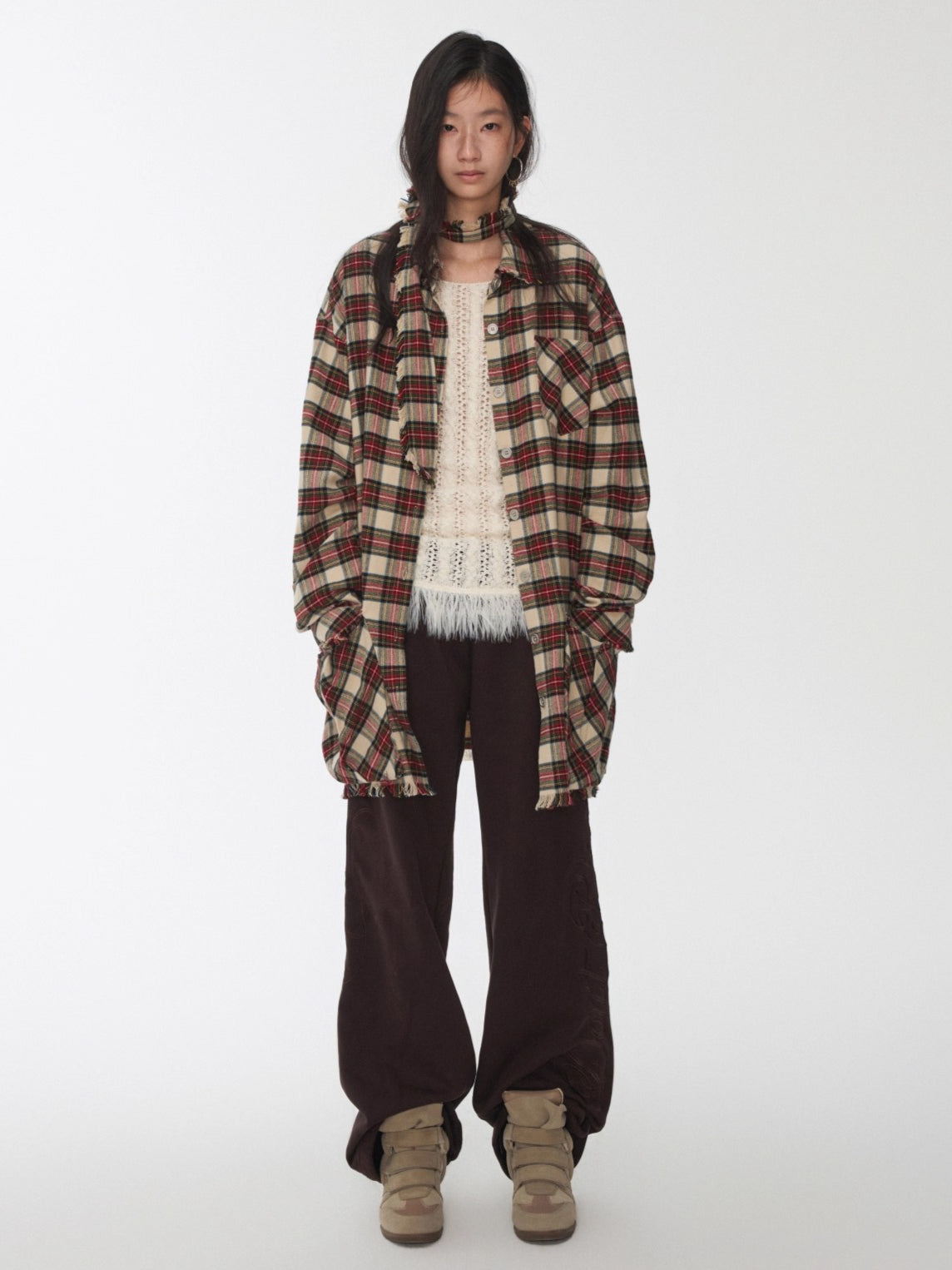 Vintage Red Plaid Frayed-Edge Utility Shirt Dress