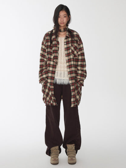 Vintage Red Plaid Frayed-Edge Utility Shirt Dress