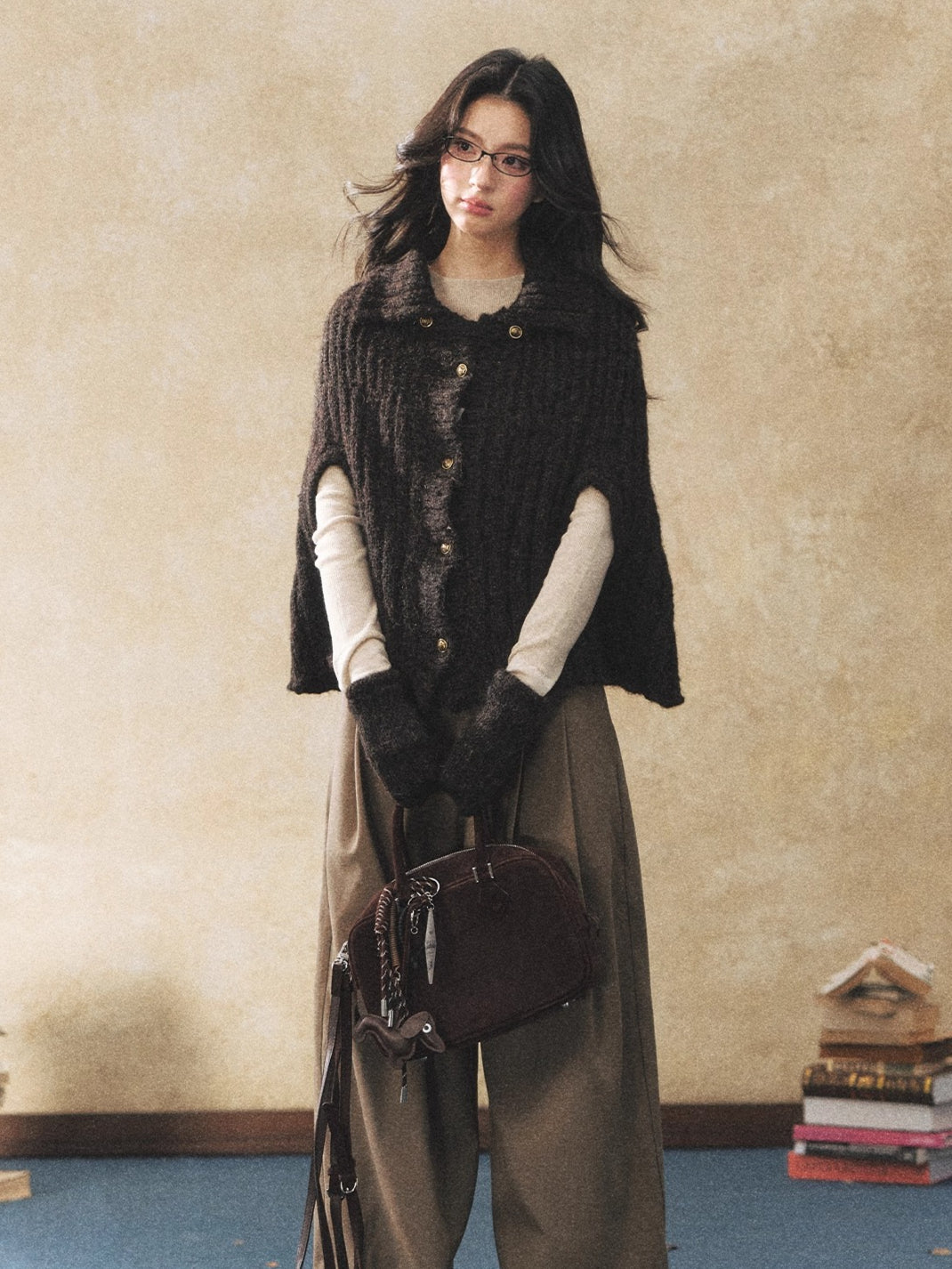 Khaki Fluid Wide-Leg Pleated Trousers