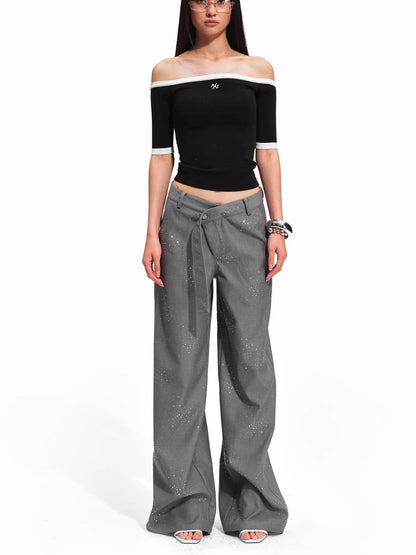 Embellished Low-Rise Wide-Leg Tailored Trousers