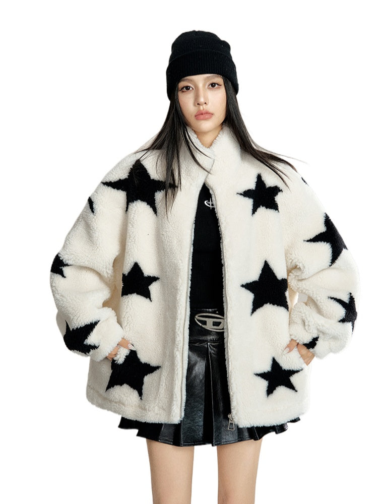 White Stand Collar Sherpa Star Jacket