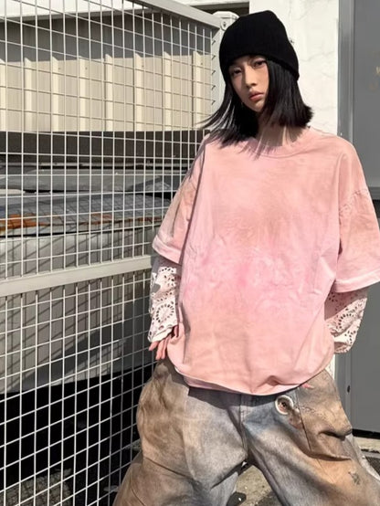 Lace-Panel Spray-Dyed Cotton T-Shirt